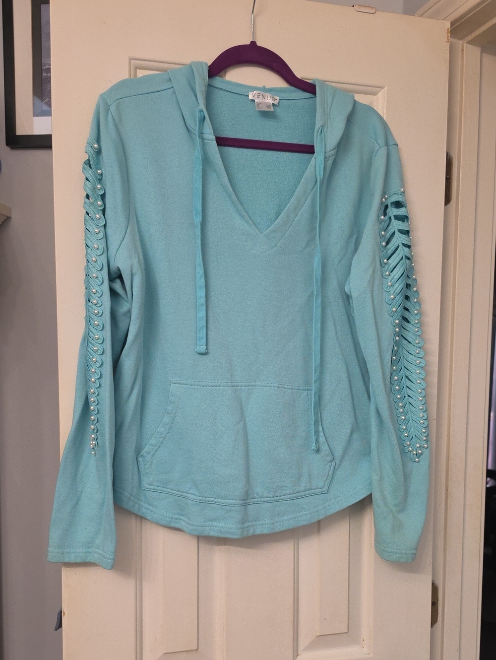 Venus Aqua Lace-Up Pearl Sleeve Hoodie Size Large